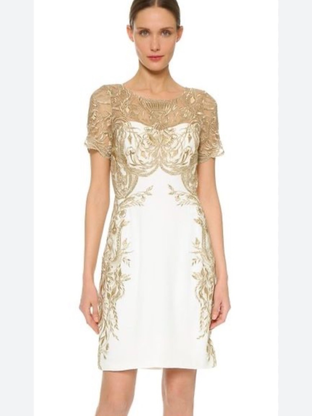 Marchesa Notte Cream Silk Short Sleeve Shift Dress with Metallic Lace Size 4